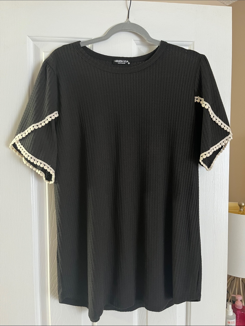 HEIMISH USA Black Short Sleeve Tee with Cream Crochet Trim NWOT